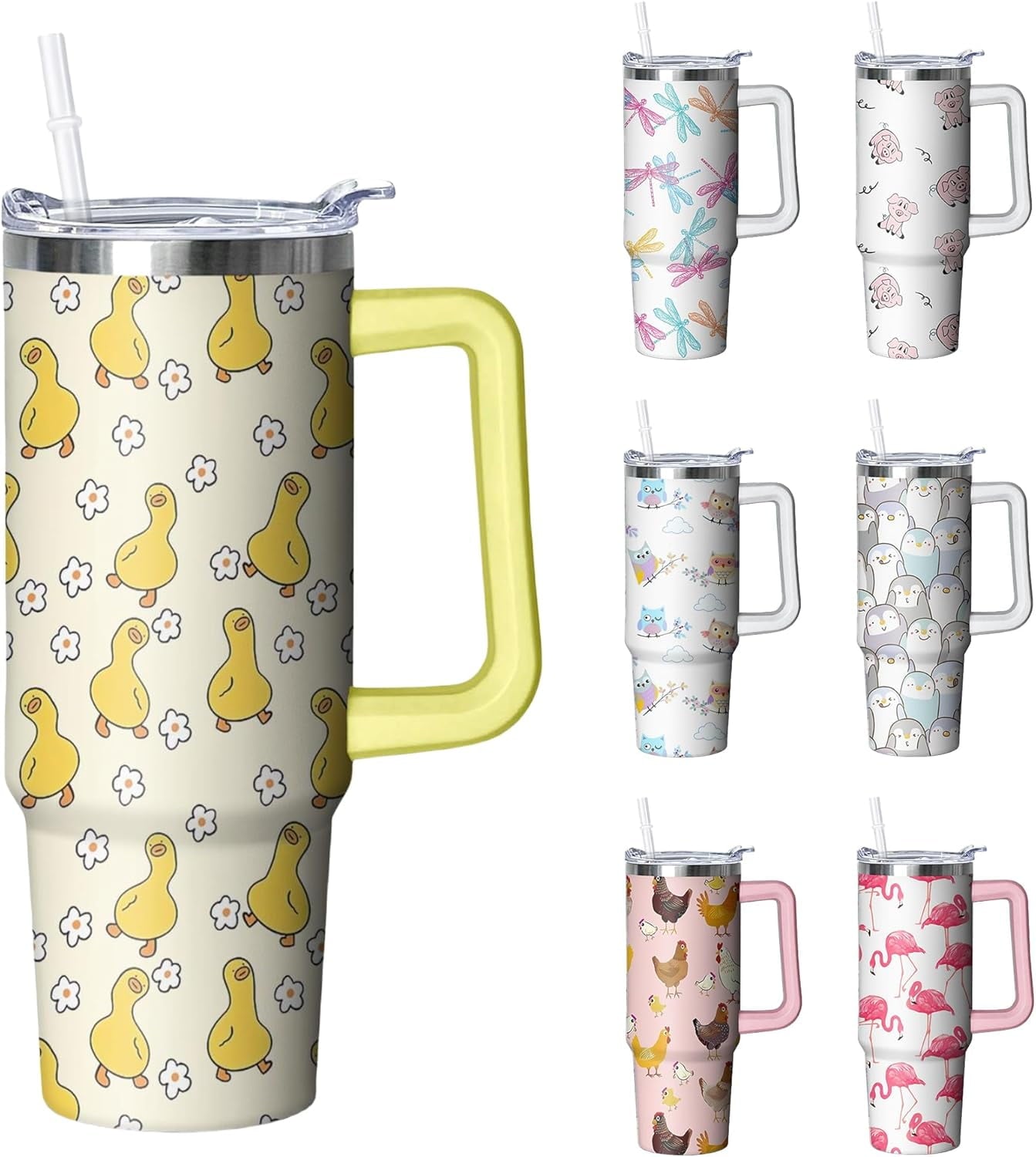 30 oz Duck Tumbler with Handle and Straw, Insulated Stainless Steel Cup with Lid, Travel Coffee Mug Water Bottle, Gifts for Woman Animal Lovers