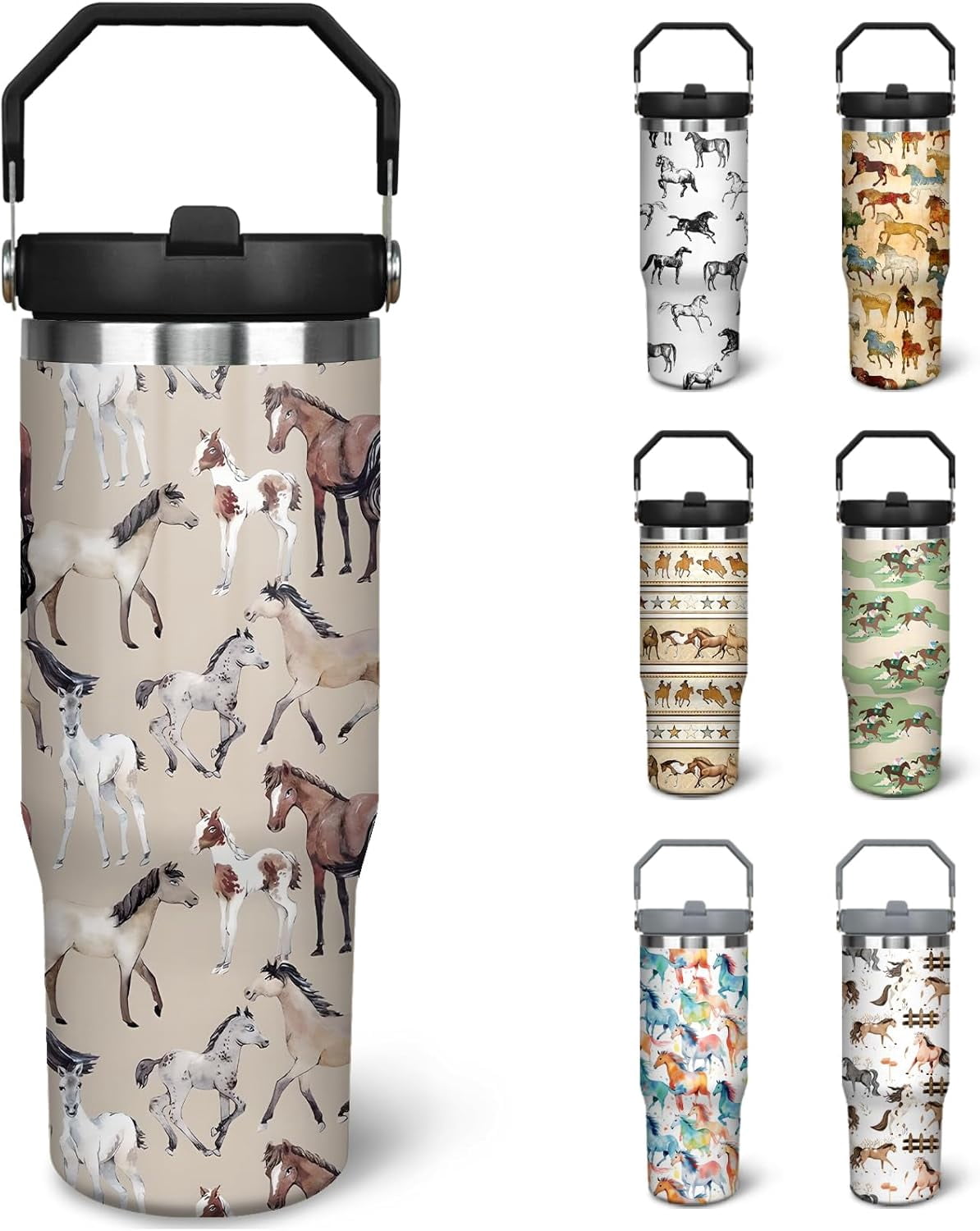 30 oz Horse Tumbler With Handle and Straw, 30oz Horse Flip Straw Tumbler Insulated Coffee Travel Mugs Cup Water Bottle Horse Gifts for Horse Lovers Women Girls
