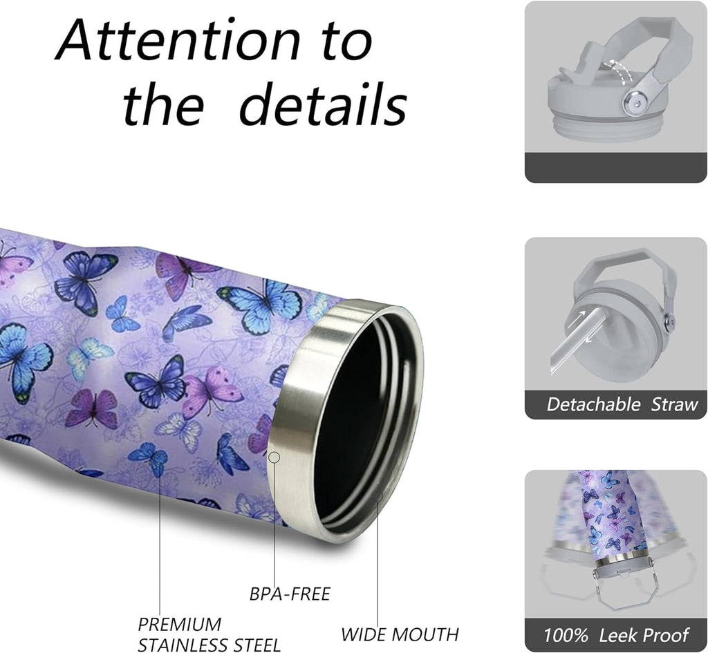 30 oz Purple Butterfly Tumbler with Handle and Filp Straw, Stainless Steel Cup with Lid and Straw, Travel Coffee Mug Insulated Water Bottle,Christmas Birthday Mothers Day Gifts for Women Animal Lovers