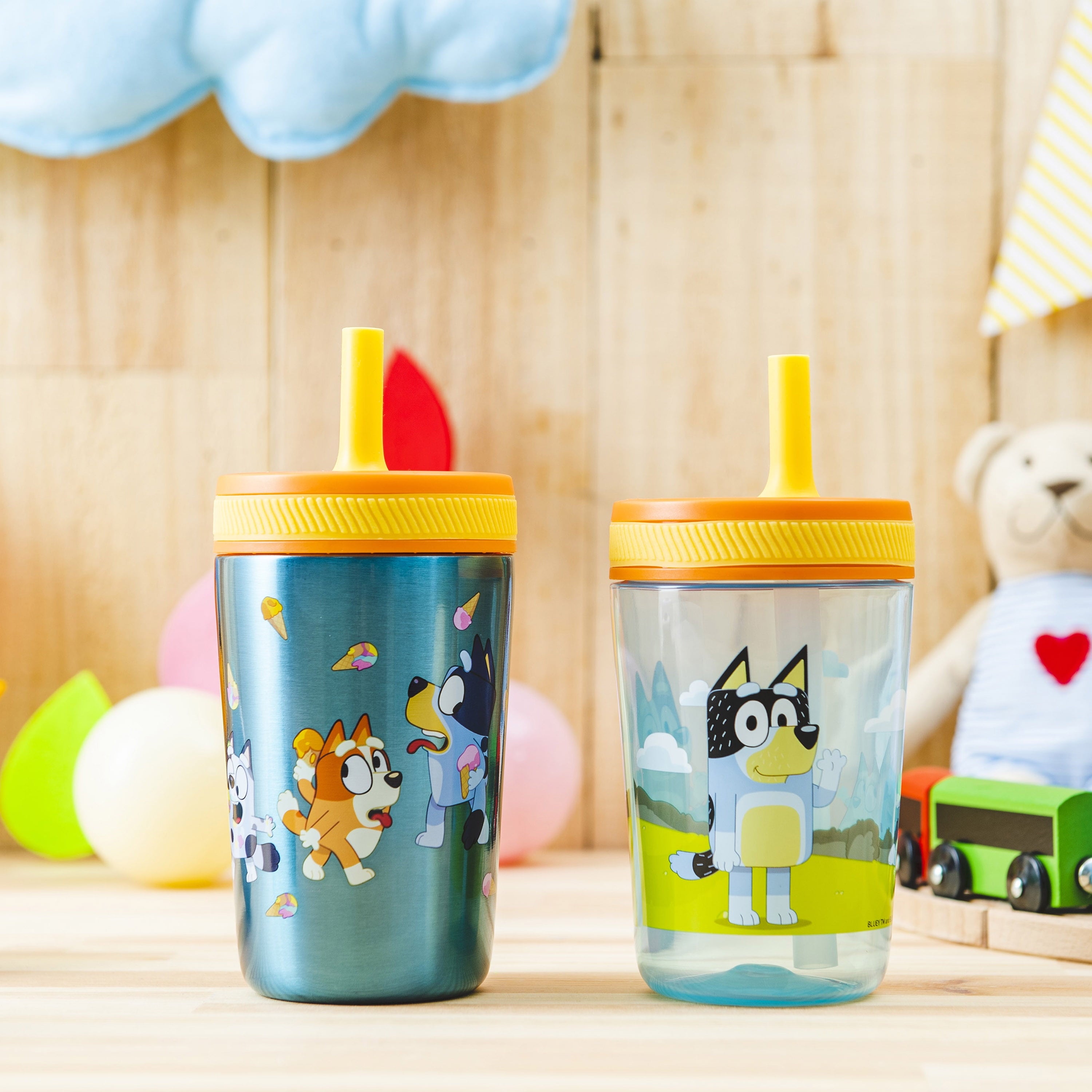 Zak Designs 12oz and 15oz 2-Pack Straw Tumbler Stainless Steel and Plastic with Additional Straw Leakproof and Perfect for Kids, Bluey