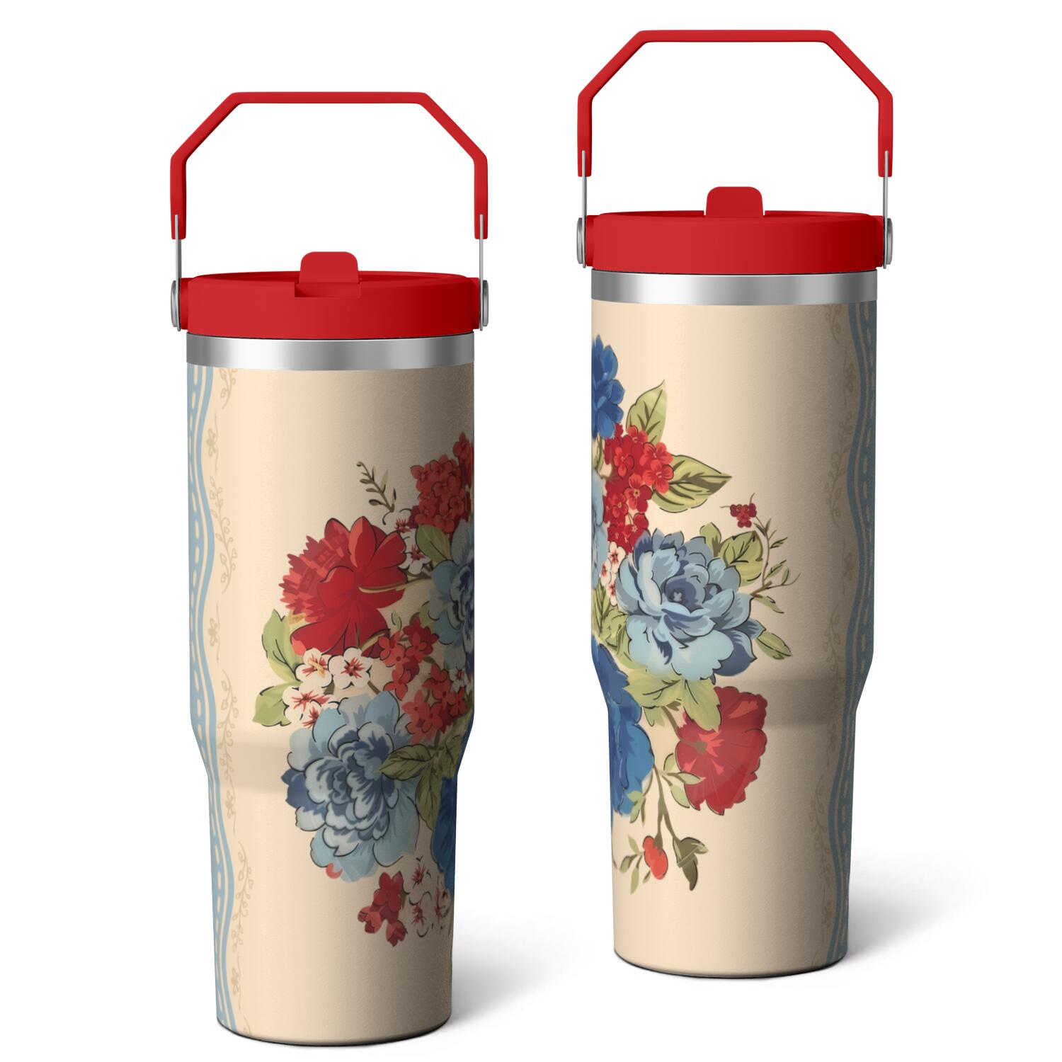Herobuddy™ 30oz Pioneer Colorful Floral Stainless Steel Flip Straw Tumbler with Lid - Reusable Stainless Steel Cup
