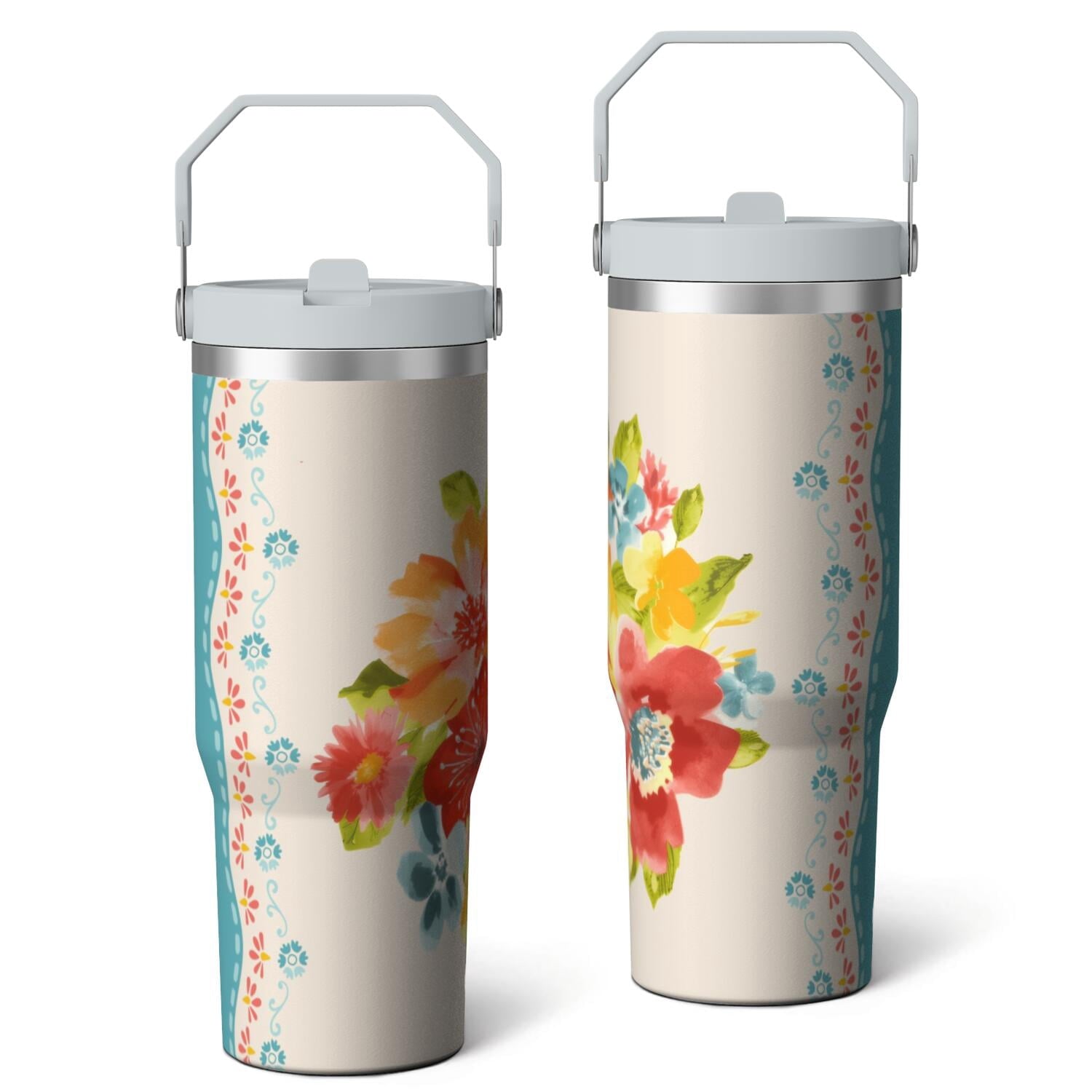Herobuddy™ 30oz Pioneer Colorful Floral Stainless Steel Flip Straw Tumbler with Lid - Reusable Stainless Steel Cup