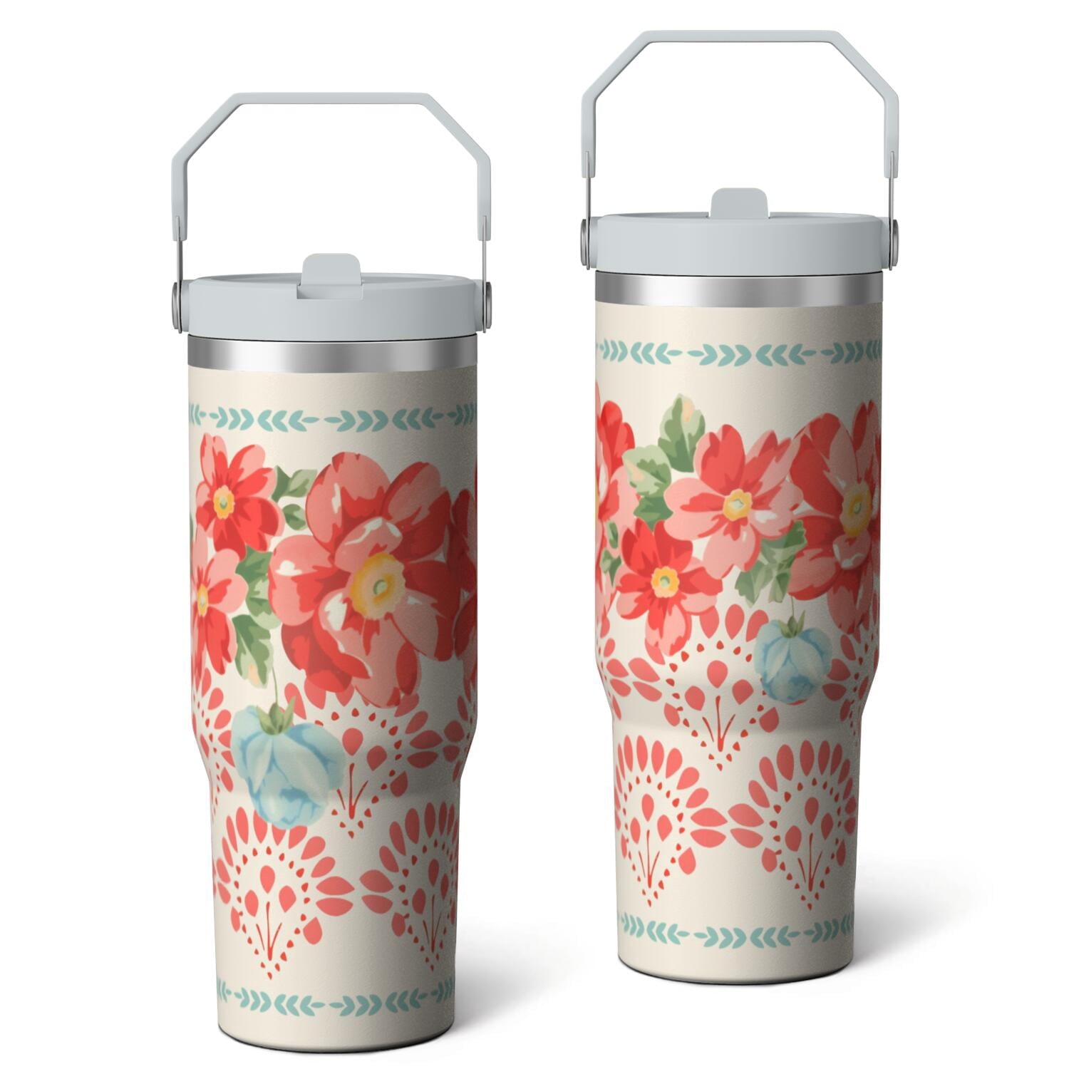 Herobuddy™ 30oz Pioneer Colorful Floral Stainless Steel Flip Straw Tumbler with Lid - Reusable Stainless Steel Cup