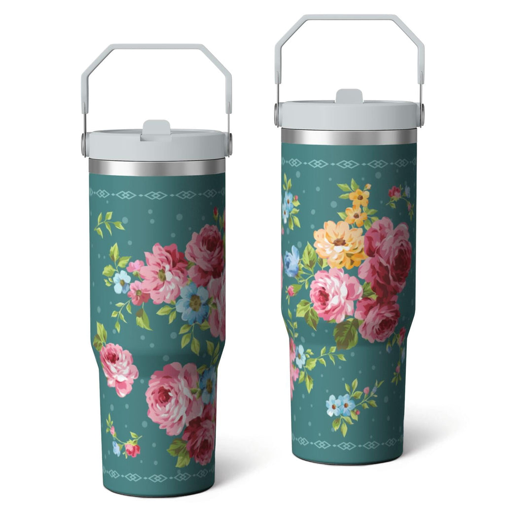 30oz Pioneer Colorful Floral Stainless Steel Flip Straw Tumbler with Lid and Straw Spill Proof Travel Cup Double Wall Vacuum Insulated Coffee Mug with Top Handled White
