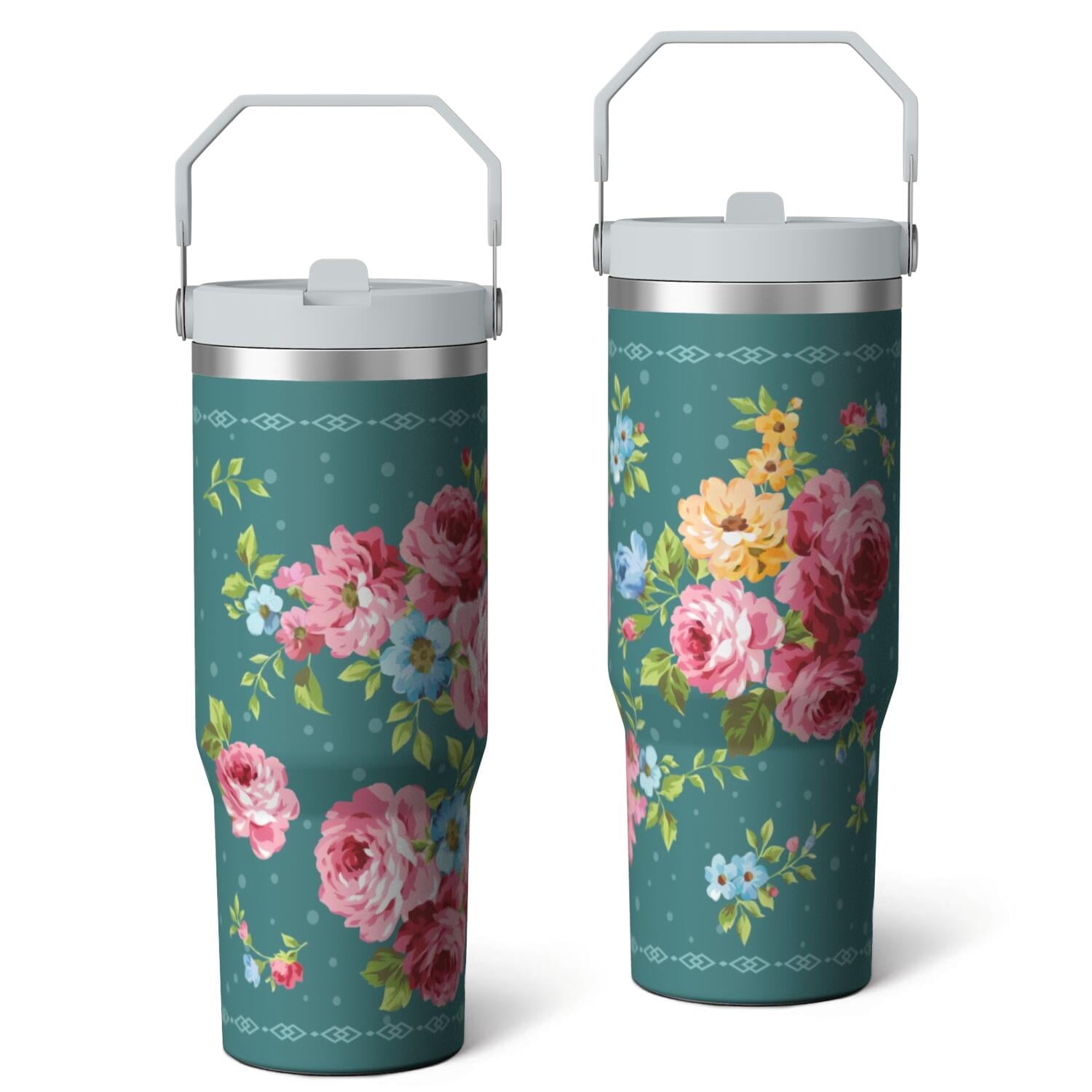 30oz Pioneer Colorful Floral Stainless Steel Flip Straw Tumbler with Lid and Straw Spill Proof Travel Cup Double Wall Vacuum Insulated Coffee Mug with Top Handled White