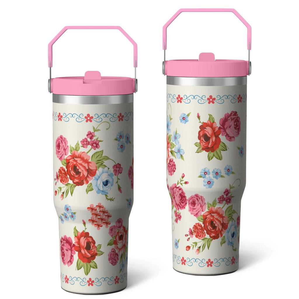 Herobuddy™ 30oz Pioneer Colorful Floral Stainless Steel Flip Straw Tumbler with Lid - Reusable Stainless Steel Cup