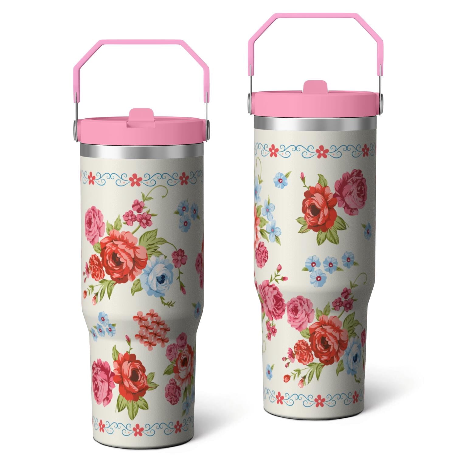 Herobuddy™ 30oz Pioneer Colorful Floral Stainless Steel Flip Straw Tumbler with Lid - Reusable Stainless Steel Cup