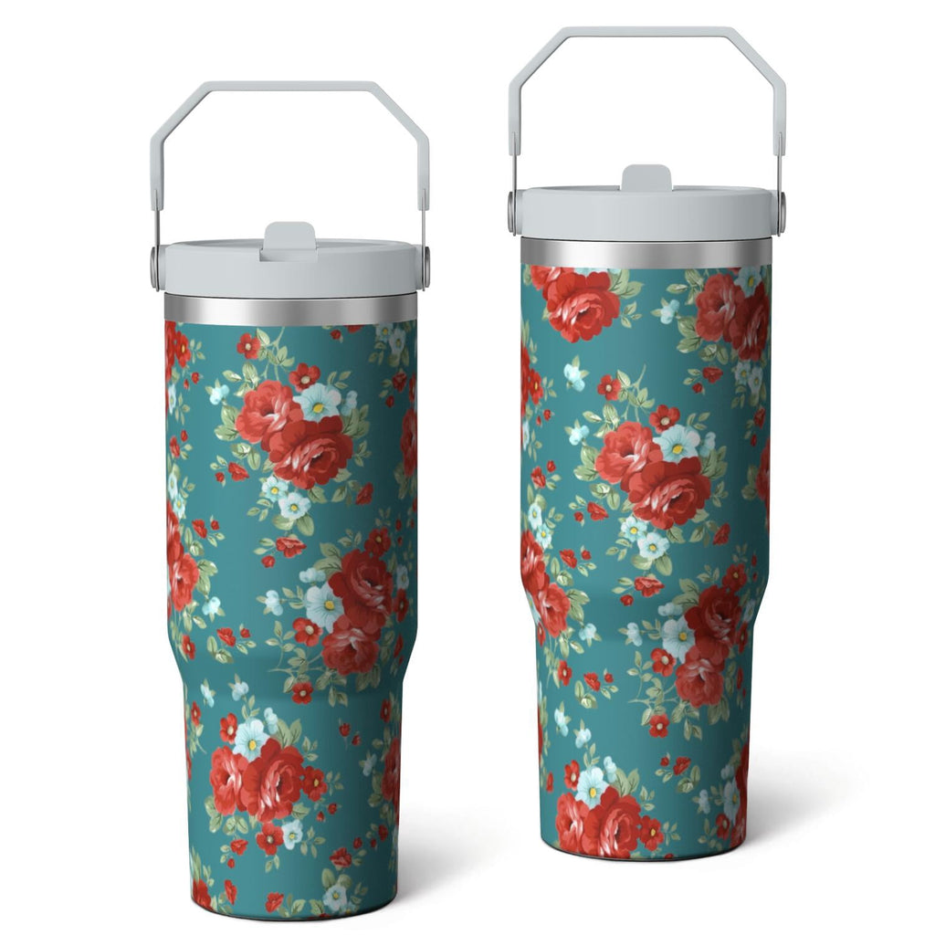 Herobuddy™ 30oz Pioneer Colorful Floral Stainless Steel Flip Straw Tumbler with Lid - Reusable Stainless Steel Cup