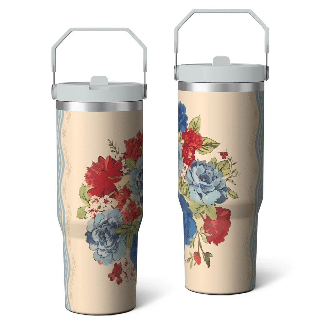 Herobuddy™ 30oz Pioneer Colorful Floral Stainless Steel Flip Straw Tumbler with Lid - Reusable Stainless Steel Cup