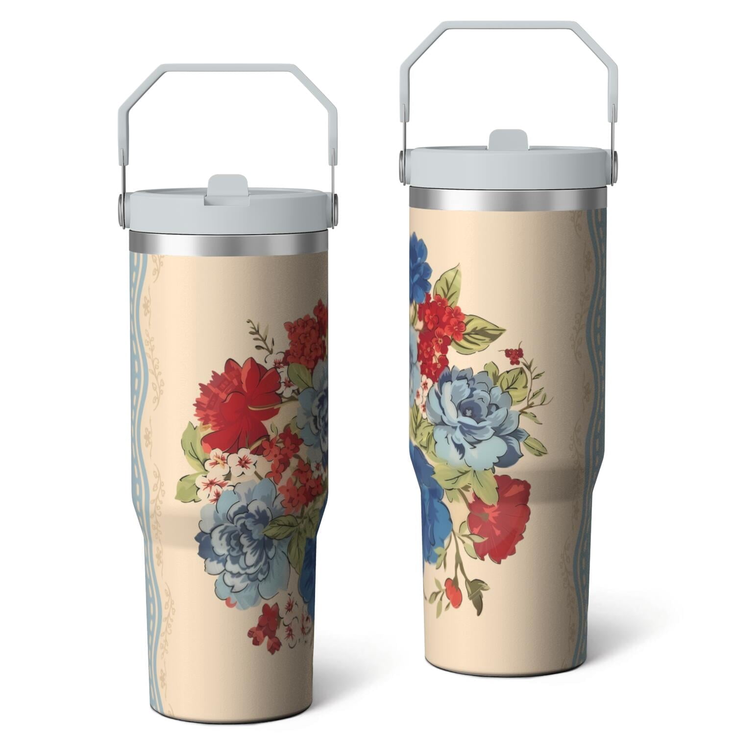 Herobuddy™ 30oz Pioneer Colorful Floral Stainless Steel Flip Straw Tumbler with Lid - Reusable Stainless Steel Cup
