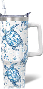 30oz Stainless Steel Sea Turtle Tumbler with Lid and Straw - Ocean Insulated Turtle Cup for Women''s Gifts