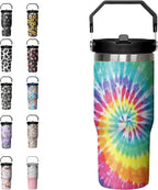30oz Tie Dye Print Tumbler with Handle Flip Straw Tie Dye Print Coffee Mug with Handle Leak Proof Insulated Tumbler Tie Dye Gifts for Women
