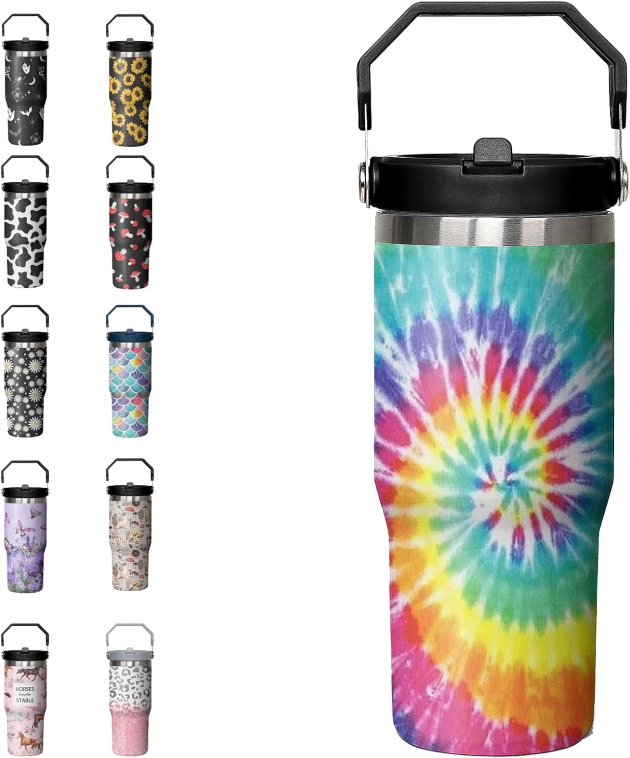 30oz Tie Dye Print Tumbler with Handle Flip Straw Tie Dye Print Coffee Mug with Handle Leak Proof Insulated Tumbler Tie Dye Gifts for Women