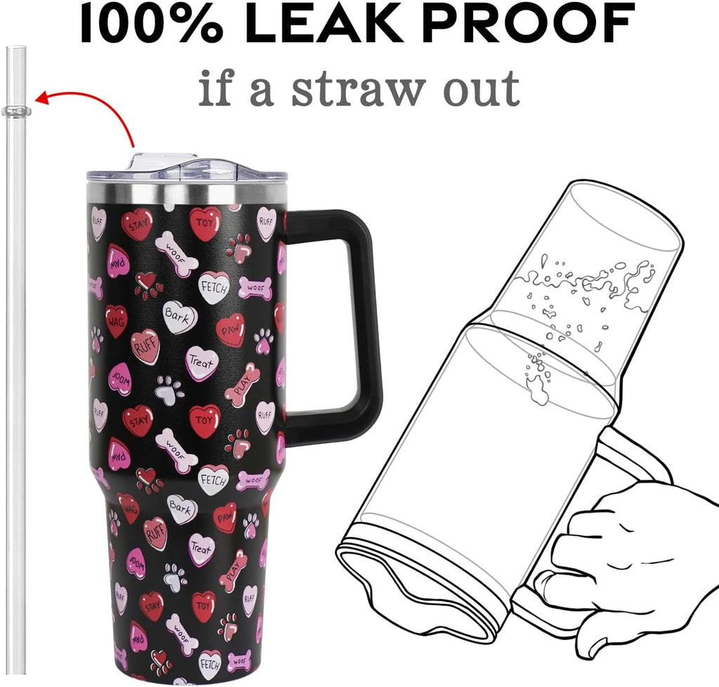 Valentines Day Gifts 40 oz Tumbler with Handle and Straw Lid,Valentine''s Day Gift for Her Women Girlfriend Wife Dog Bones and Candy Hearts Vacuum Insulated Leak Proof Stainless Steel Coffee Cup Mug