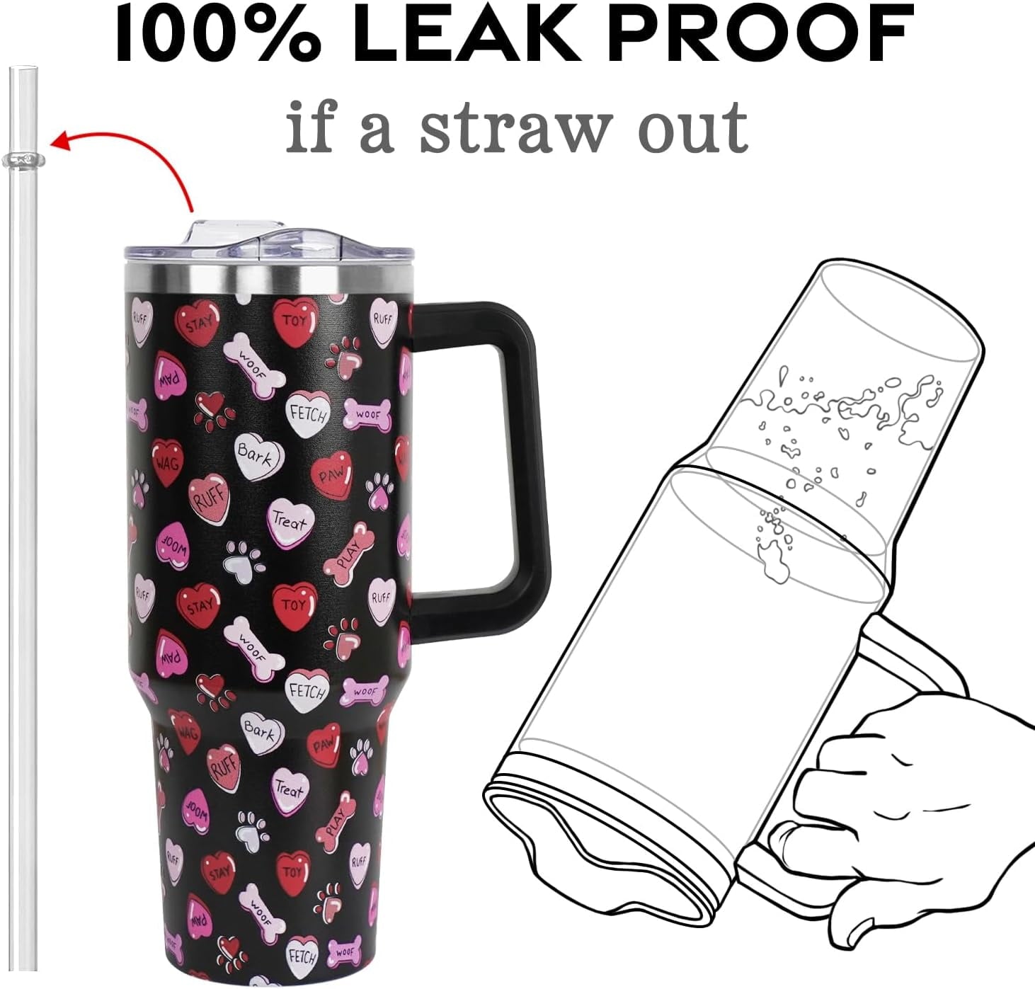 Valentines Day Gifts 40 oz Tumbler with Handle and Straw Lid,Valentine''s Day Gift for Her Women Girlfriend Wife Dog Bones and Candy Hearts Vacuum Insulated Leak Proof Stainless Steel Coffee Cup Mug