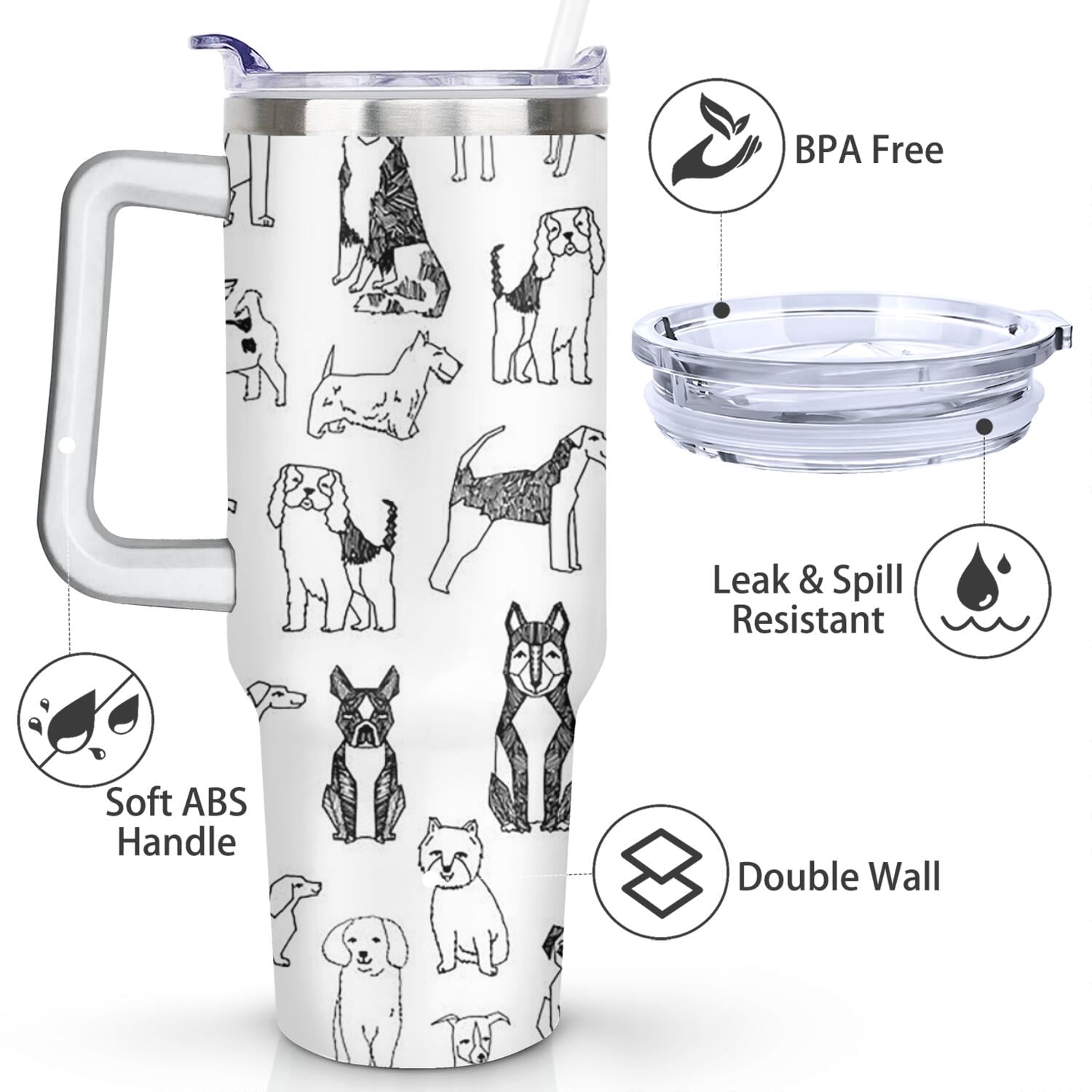 Gift for Dog Lovers Cute Dog Tumbler for Women - 40oz Dog Tumblers with Handle Straw and Lid Tumbler Cup Travel Coffee Mug