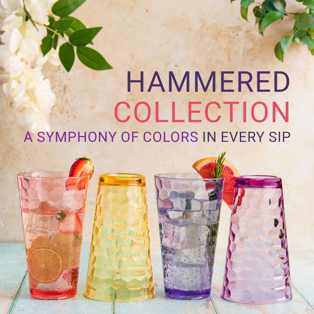 Bravario Hammered Plastic Drinking Tumbler, Dishwasher-Safe Water Glasses, BPA-Free Reusable Mixed Colors Assorted Stackable Cups, 22 oz Set of 6
