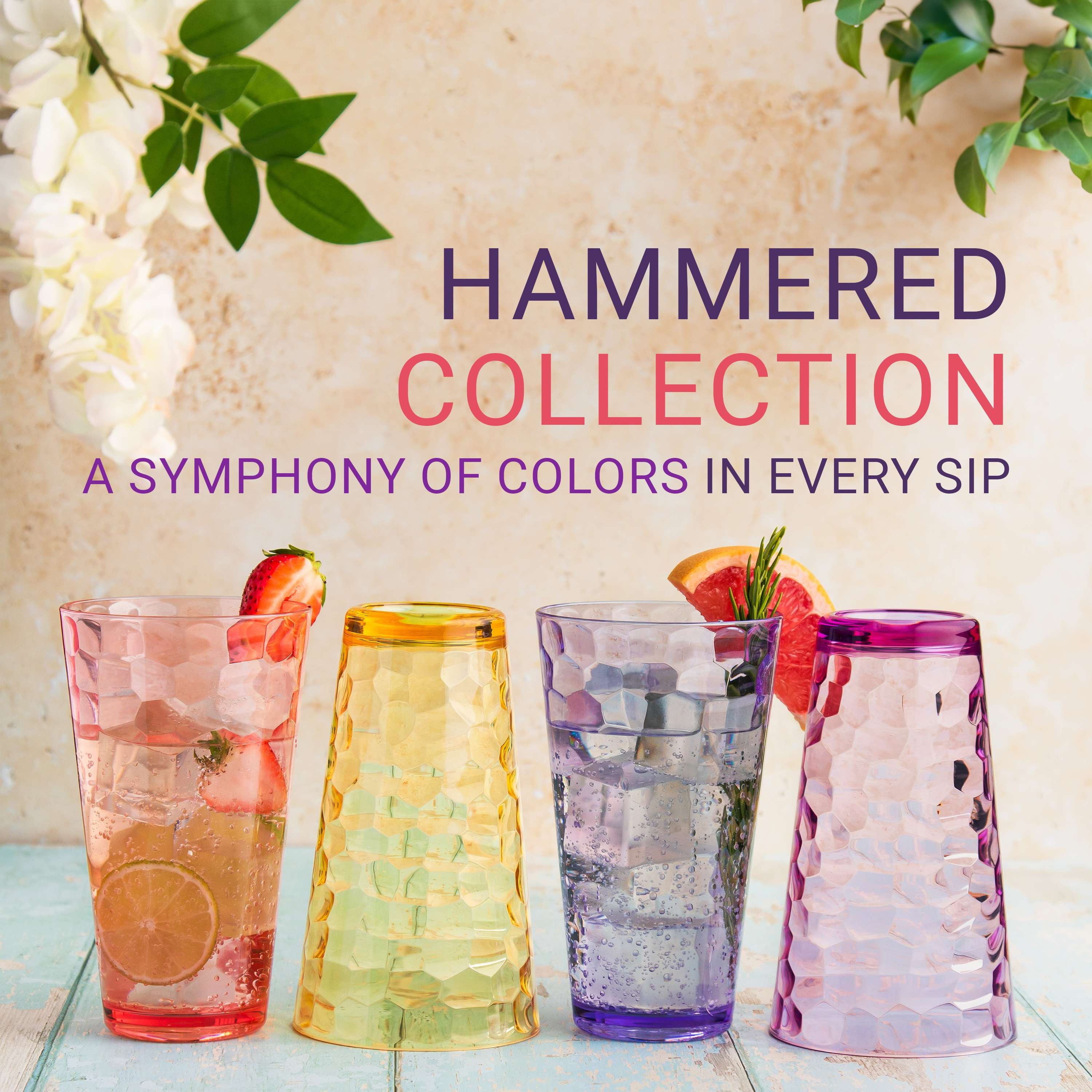 Bravario Hammered Plastic Drinking Tumbler, Dishwasher-Safe Water Glasses, BPA-Free Reusable Mixed Colors Assorted Stackable Cups, 22 oz Set of 6