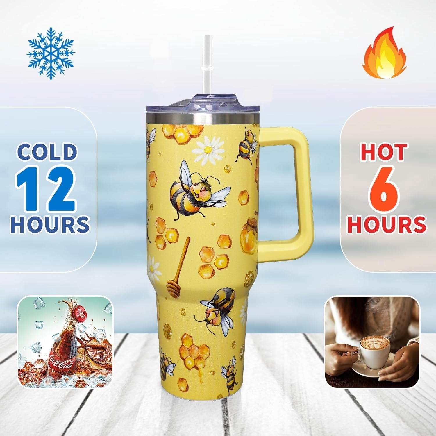 40oz Bee Tumbler With Handle Lid and Straw -Bee gifts for women Bee Travel Coffee Cup-Bee Gifts For Bee Lover-Bee Mugs