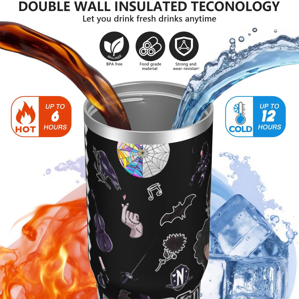 30oz Wednesday Girl Stainless Steel Tumbler with Lid and Straw,Wednesday Stuff Merchandise Spill Proof Travel Cup Double Wall Vacuum Insulated Coffee Mug with Top Handle Black