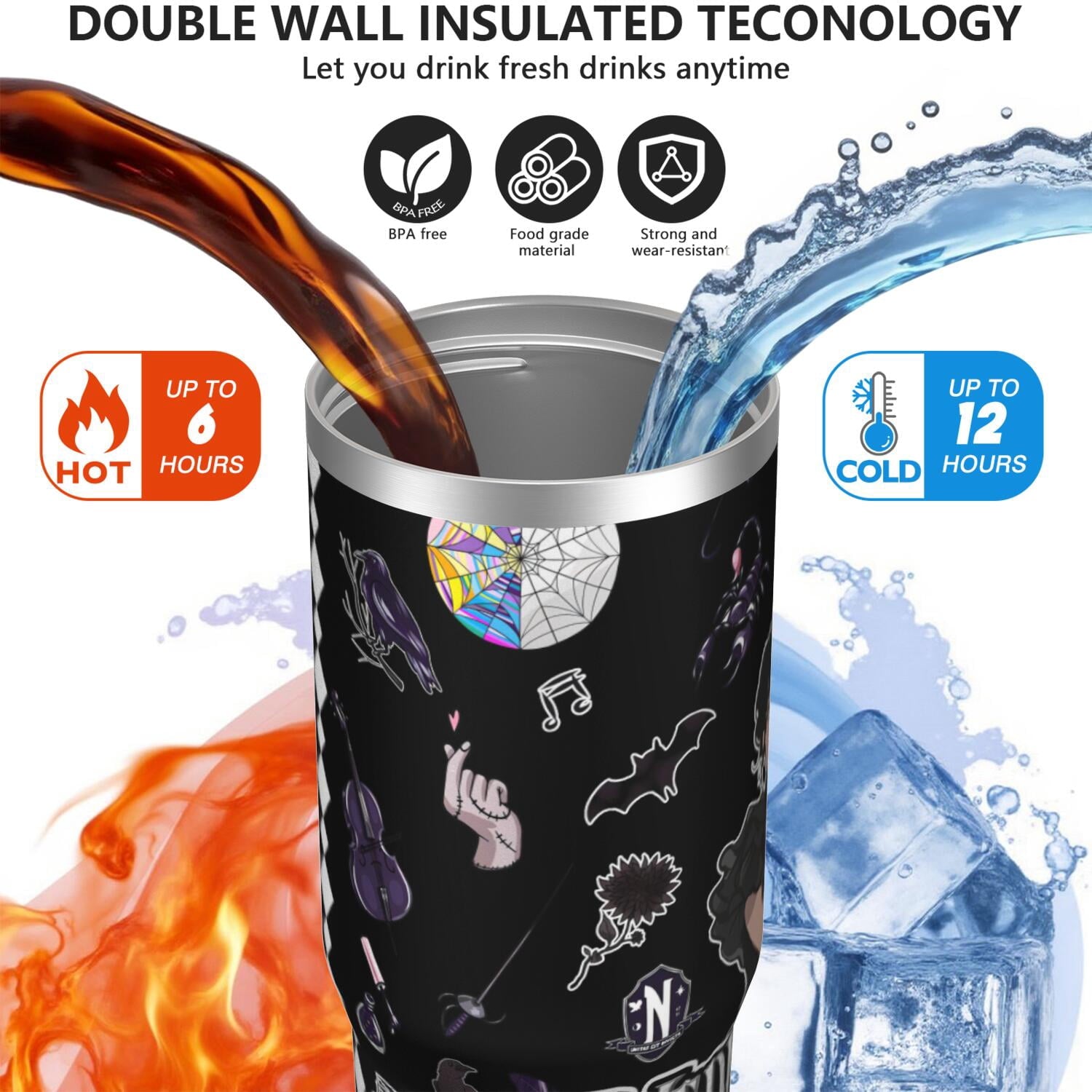 30oz Wednesday Girl Stainless Steel Tumbler with Lid and Straw,Wednesday Stuff Merchandise Spill Proof Travel Cup Double Wall Vacuum Insulated Coffee Mug with Top Handle Black