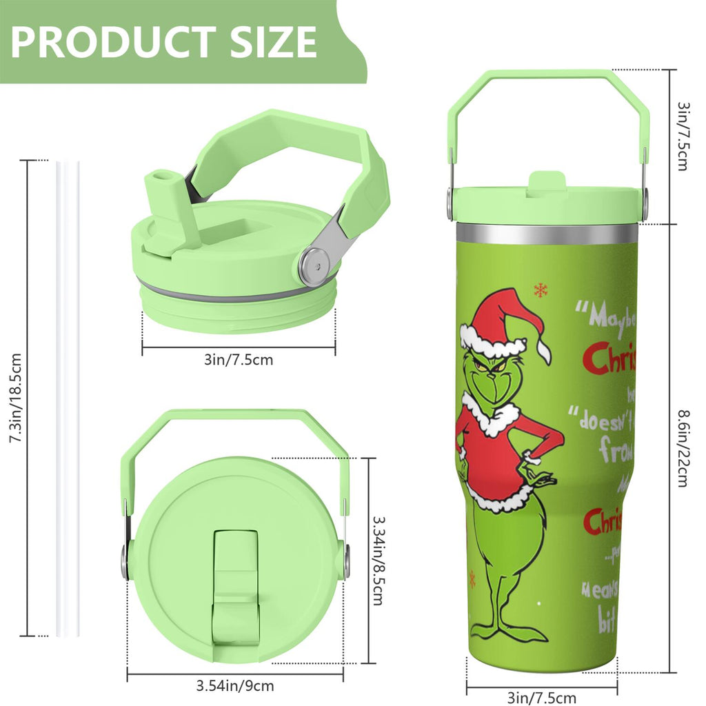 30oz Stainless Steel Tumbler with Lid and Straw,Spill Proof Travel Cup Double Wall Vacuum Insulated Coffee Mug with Top Handle Light-green