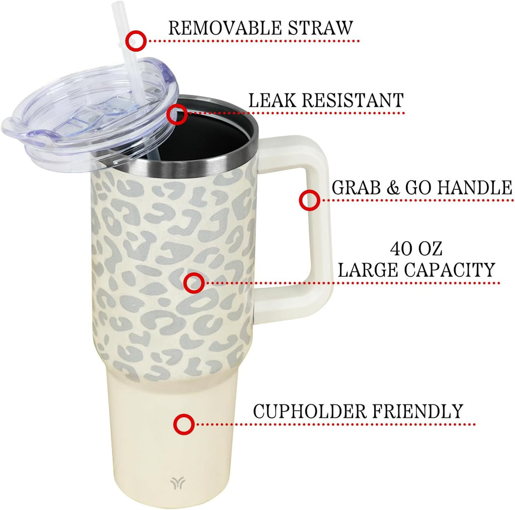 40oz Tumbler with Handle and Straw Lid | Vacuum Insulated Leak Proof Tumbler | Stainless Steel Travel Mug Water Bottle Cup Keeps Cold & Hot | Cream Leopard