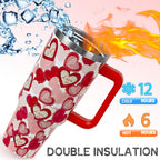 Valentines Tumbler with Handle 40 oz Red Love Hearts Coffee Travel Mug Stainless Steel Insulated Cup Valentines Anniversary Wedding Birthday Gifts for Women
