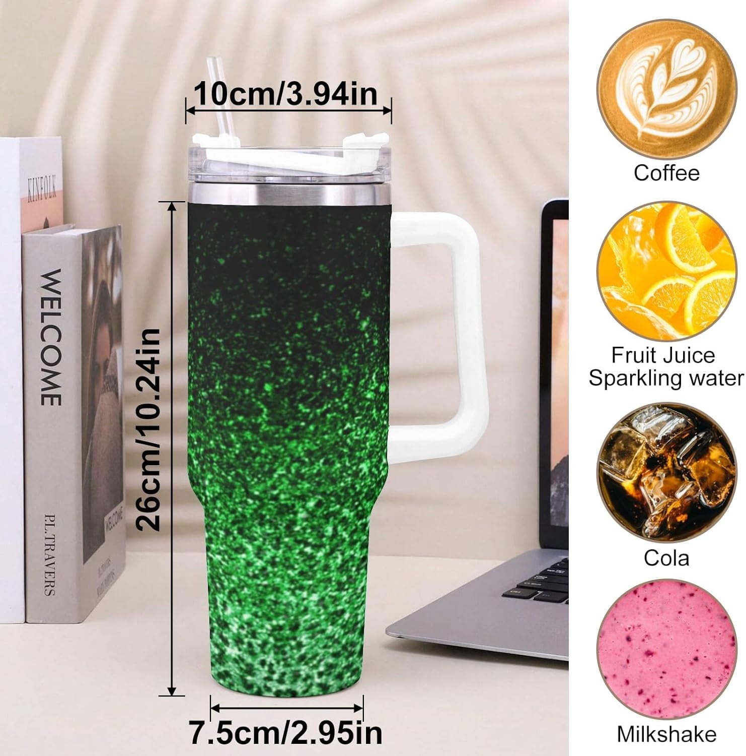 Ombre Leopard Glitter 40 oz Insulated Double Wall Stainless Steel Tumbler with Handle and Straw, Lid, Large Travel Mug Fits in Cup Holder, Cup Gift for Women(Green)