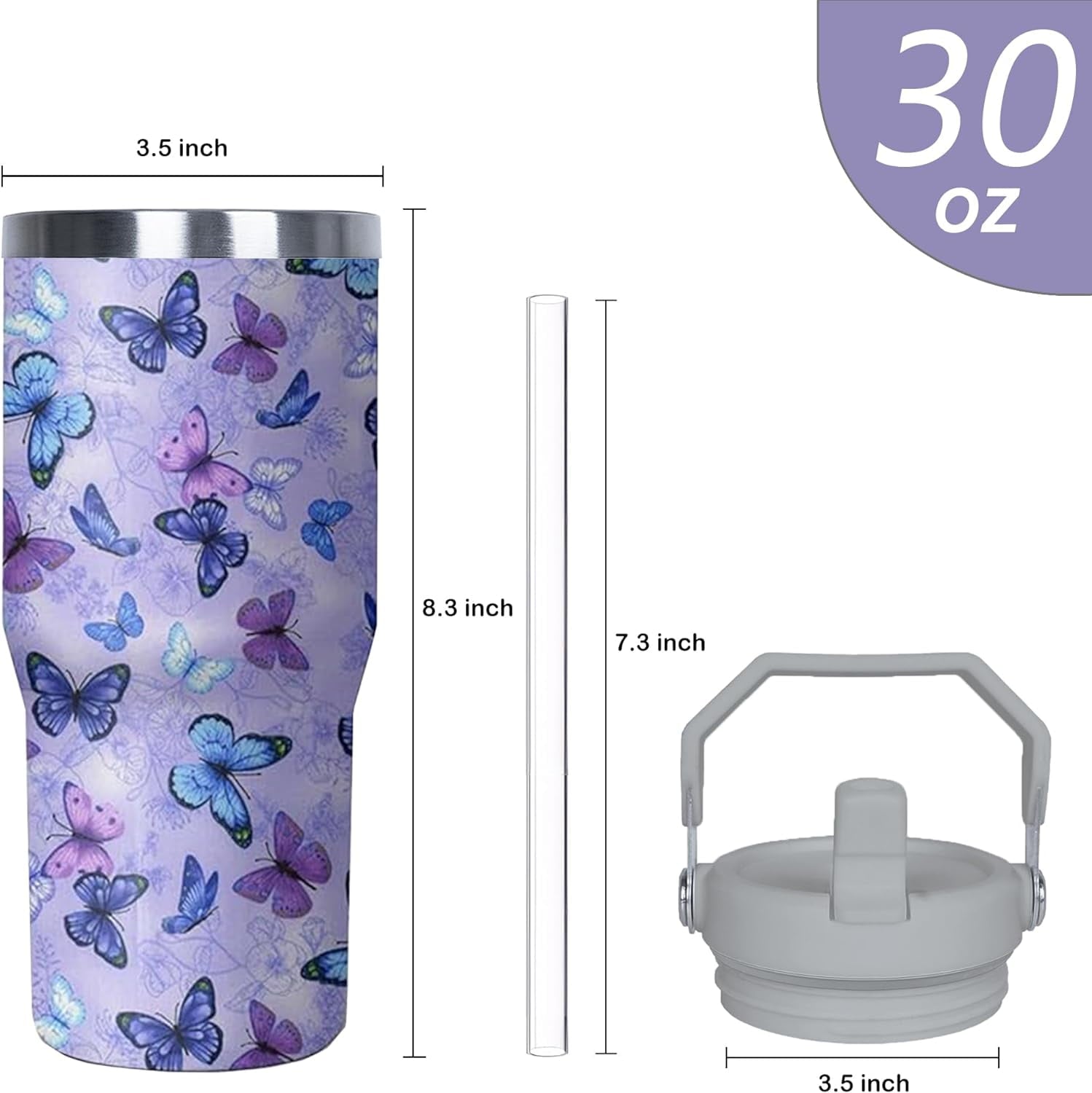30 oz Purple Butterfly Tumbler with Handle and Filp Straw, Stainless Steel Cup with Lid and Straw, Travel Coffee Mug Insulated Water Bottle,Christmas Birthday Mothers Day Gifts for Women Animal Lovers