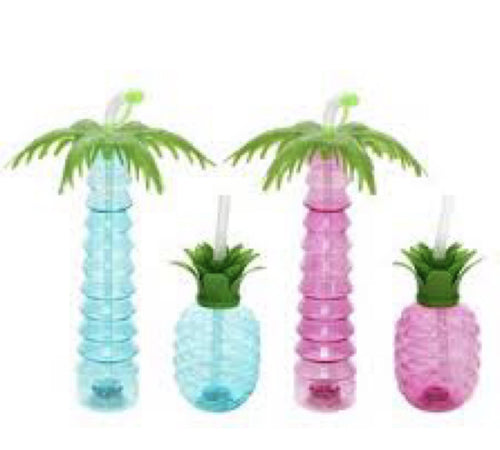 (4 Counts) HTL BPA-Free Palm Tree and Pineapple Shaped LED Light Up Tumblers with Straws, Luau Yard Party Cups with Lids, for Margaritas, Cold or Frozen Drinks, Kids Fun Summer  17-oz & 22-oz