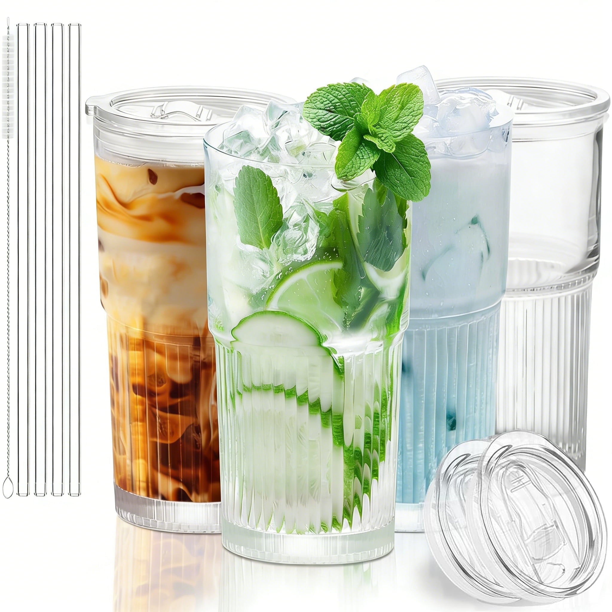 4 pack 16 oz Glass Cups with Lids and Straws – Single Reusable Tumbler, Thickened Shatter-Resistant Glass, Ideal for Iced Coffee, Smoothies, Cocktails, Juices – Elegant & Durable Drinkware