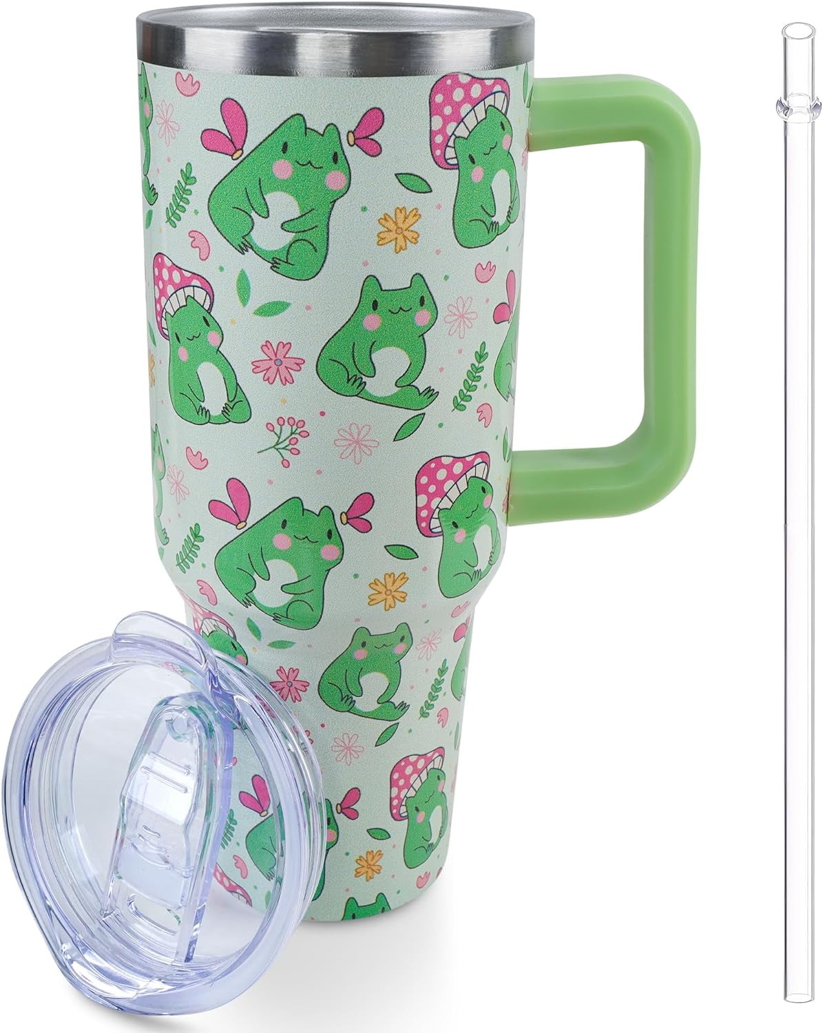 40 oz Frog Mushroom Tumbler with Handle and Straw, Travel Mug Water Bottle, Stainless Steel Insulated Cup with Lid and Straw, Birthday Christmas Gifts