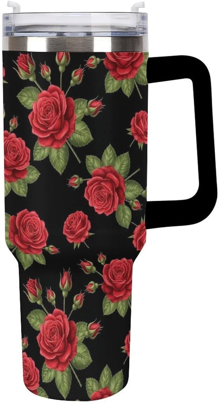 40 oz Insulated Floral Flowers Red Rose Coffee Tumbler with Portable Handle, Stainless Steel Vacuum Travel Mug for Unisex Home, Office Use