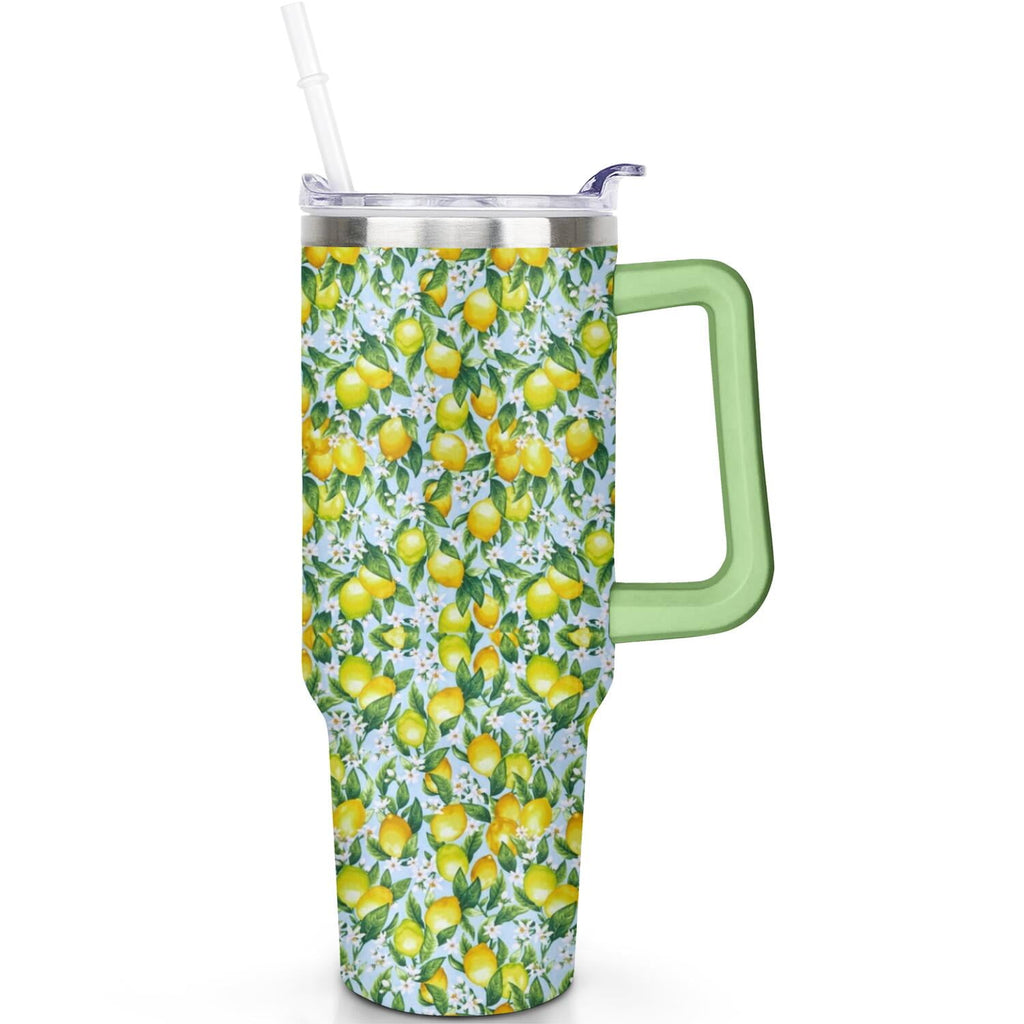 40 oz Lemon Theme Tumbler Spill Proof Lid 40oz Lemon Tumbler with Handle & Straw Double Insulated Travel Coffee Cup Lemon Lover Gifts for Men Women