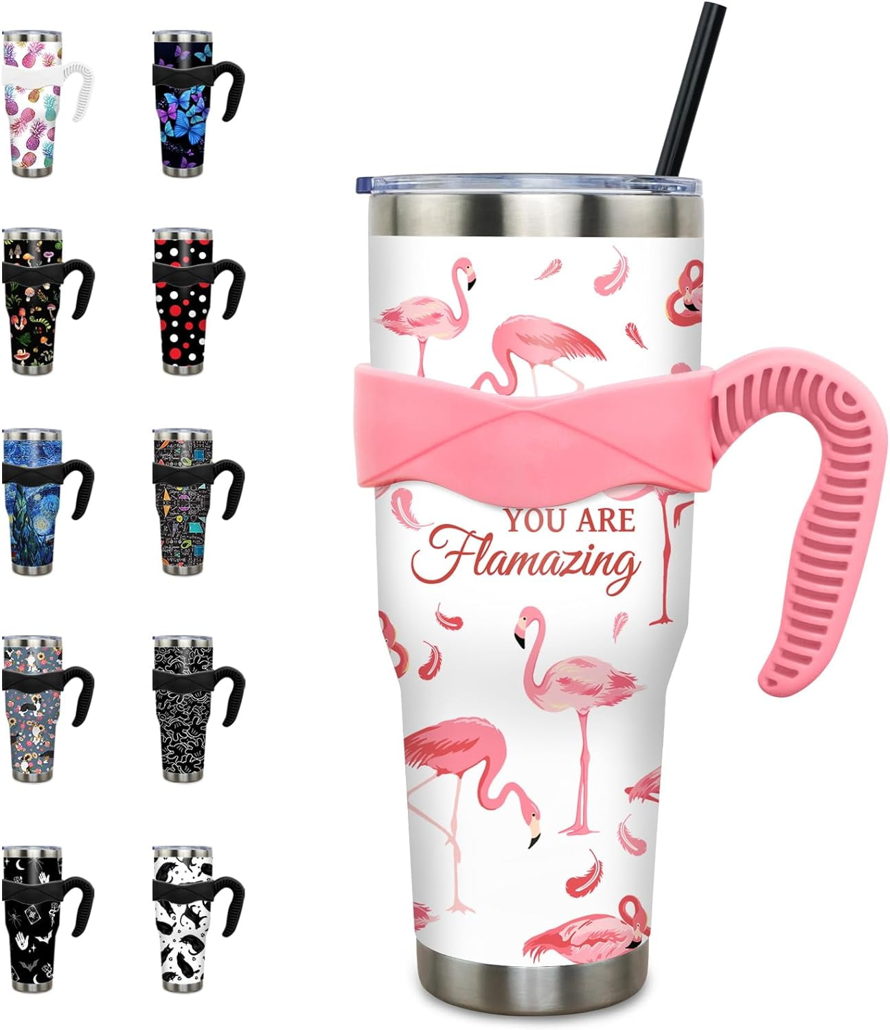 40 oz Tumbler with Handle and Straw 40oz Pink Flamingo Cup Insulated Coffee Travel Mug Spill Proof Leak Proof 40 ounce Stainless Steel Slim 40 oz tumbler with handle and Lid