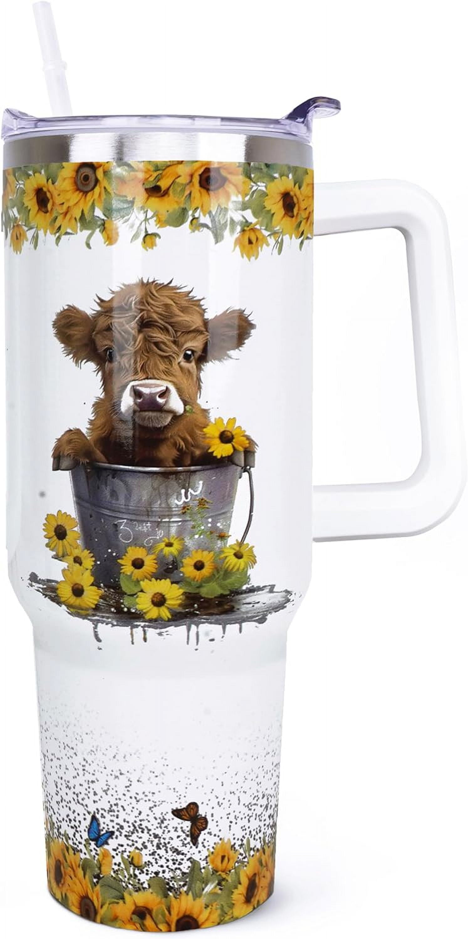 40 oz Tumbler with Handle and Straw, Highland Cow Tumbler with Leak Proof Lid, Reusable Stainless Steel Insulated Travel Coffee Mug, Highland Cow Gifts for Cow Lovers