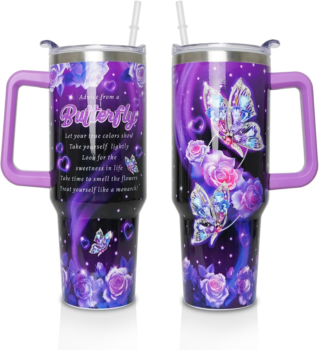40 oz Tumbler with Handle and Straw Lid, Purple Butterfly Insulated Cup, Double Vacuum Leak Proof Coffee Travel Mug, Flower Stainless Steel Water Bottle Gifts for Women Girls