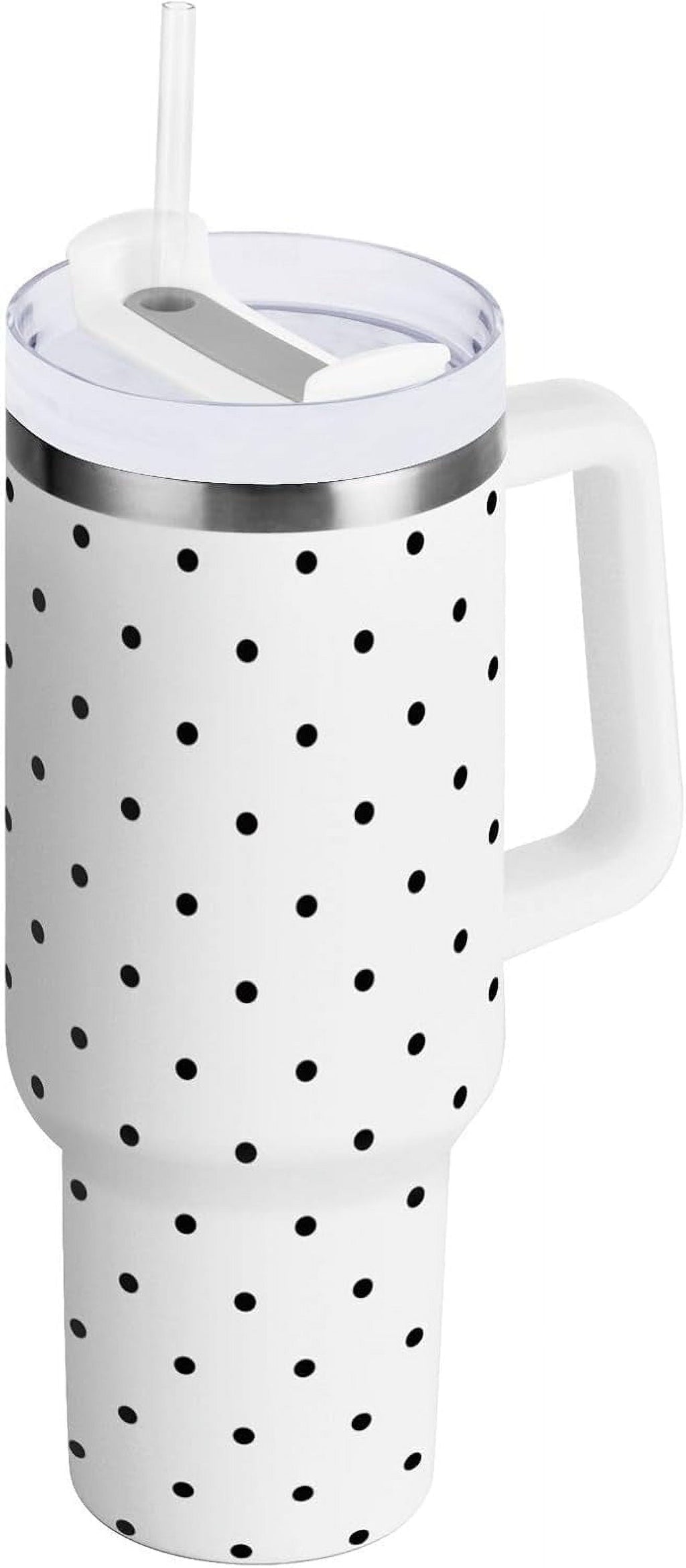 40 oz Tumbler with Handle Lid and Straw Insulated Water Tumbler Stainless Steel Water Cup Mug Bottle Reusable Cup Holder Friendly Polka Dot White