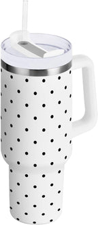 40 oz Tumbler with Handle Lid and Straw Insulated Water Tumbler Stainless Steel Water Cup Mug Bottle Reusable Cup Holder Friendly Polka Dot White