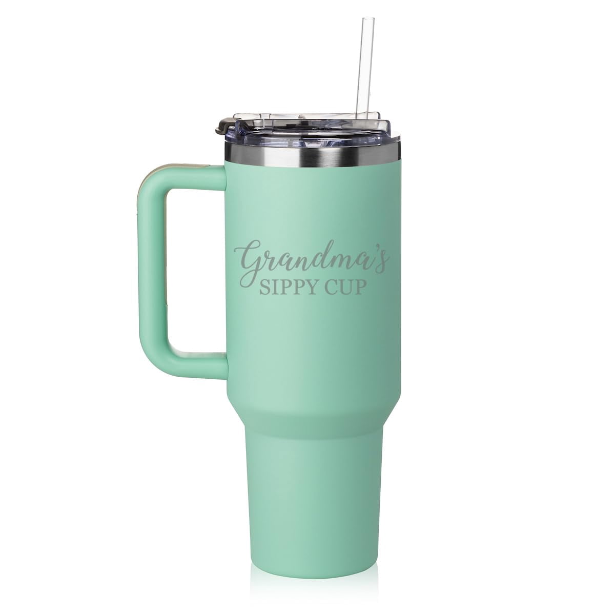 40 oz Tumbler with Handle and Straw Lid Stainless Steel Insulated Travel Mug Cup Grandma's Sippy Cup Grandmother Funny (Sea Foam Green)