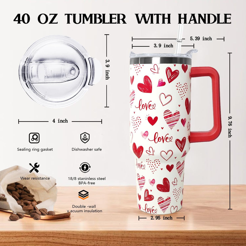 Love Tumbler 40 Oz Valentine Heart Tumbler With Handle,Valentine''s Day Coffee Travel Mug Cup Water Bottle,Heart Decor,Valentine''s Gifts for Wife Girlfriend Bride