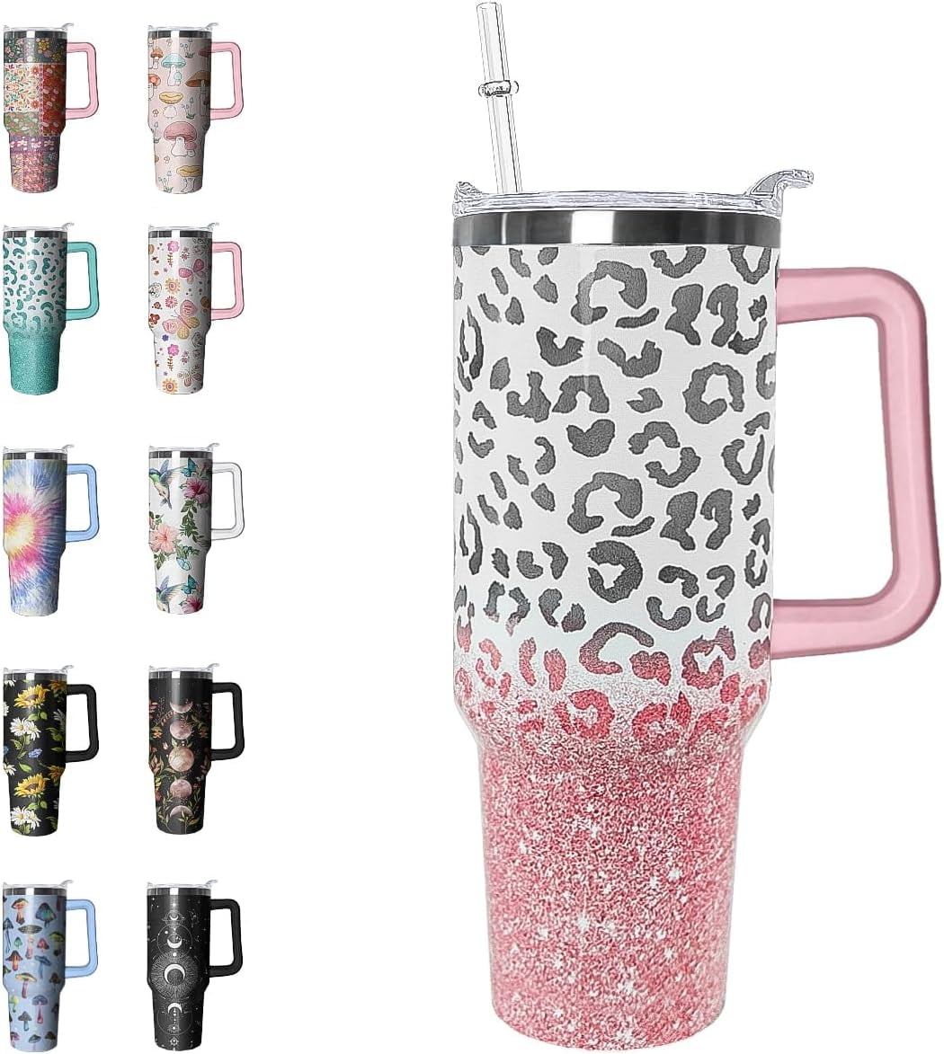 40oz Leopard Print Insulated Travel Mug - Leak Proof Coffee Tumbler with Handle for Women, Cute Cheetah Lover Gift Idea