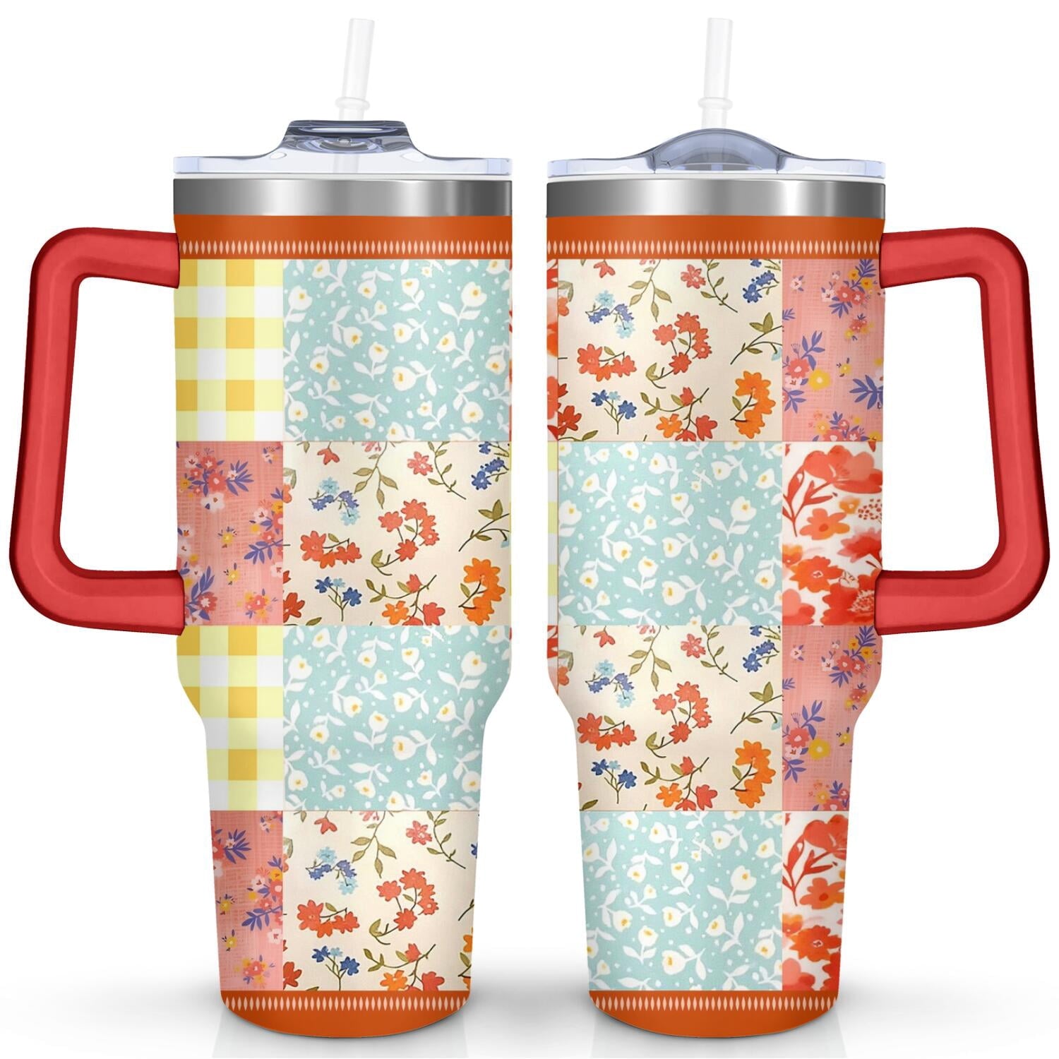 40oz Pioneer Colorful Floral Stainless Steel Flip Straw Tumbler with Lid and Straw Spill Proof Travel Cup Double Wall Vacuum Insulated Coffee Mug with Handle Red