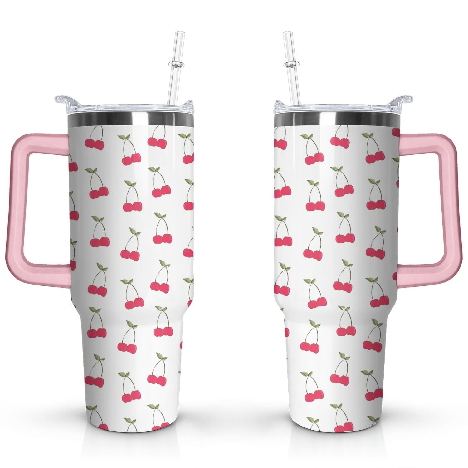 Herobuddy™ 40oz Red Cherry Fruit Pattern Stainless Steel Flip Straw Tumbler Spill - Reusable Stainless Steel Cup