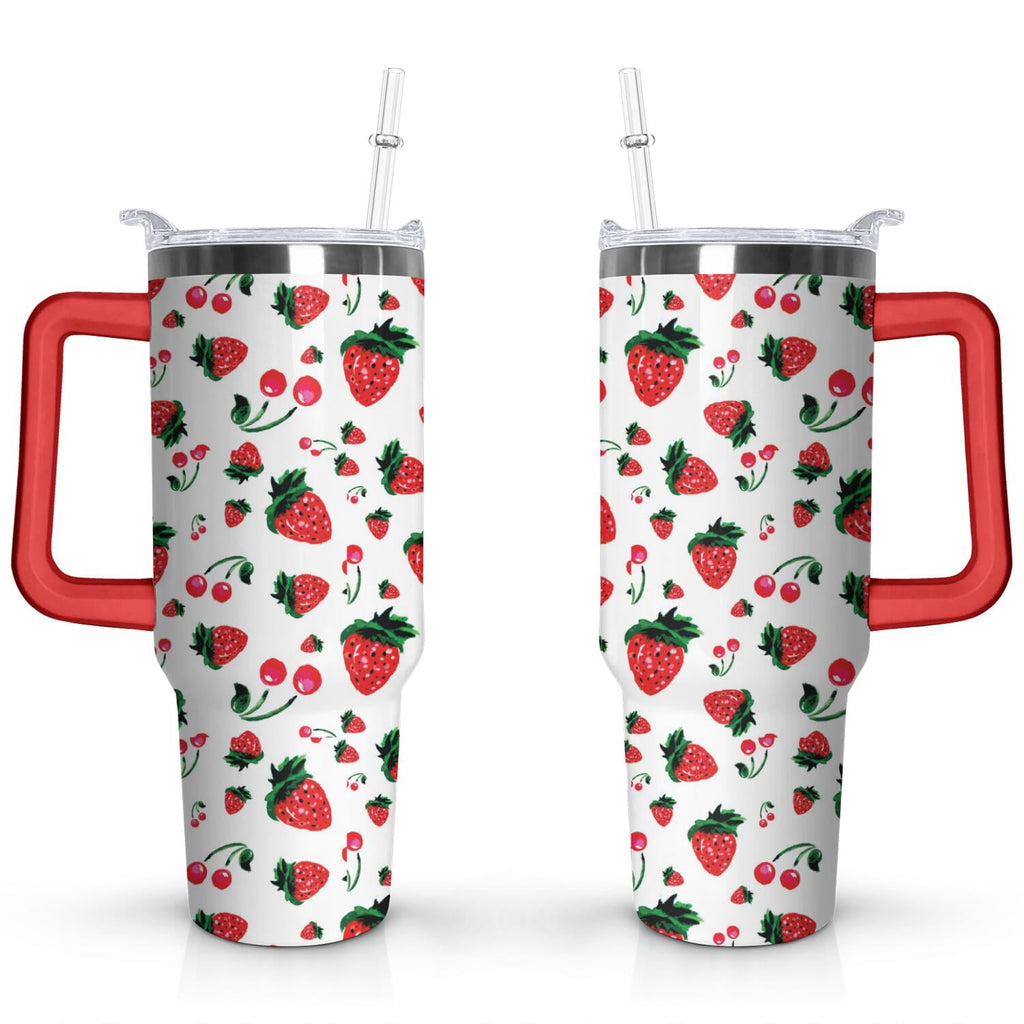Herobuddy™ 40oz Red Cherry Fruit Pattern Stainless Steel Flip Straw Tumbler Spill - Reusable Stainless Steel Cup