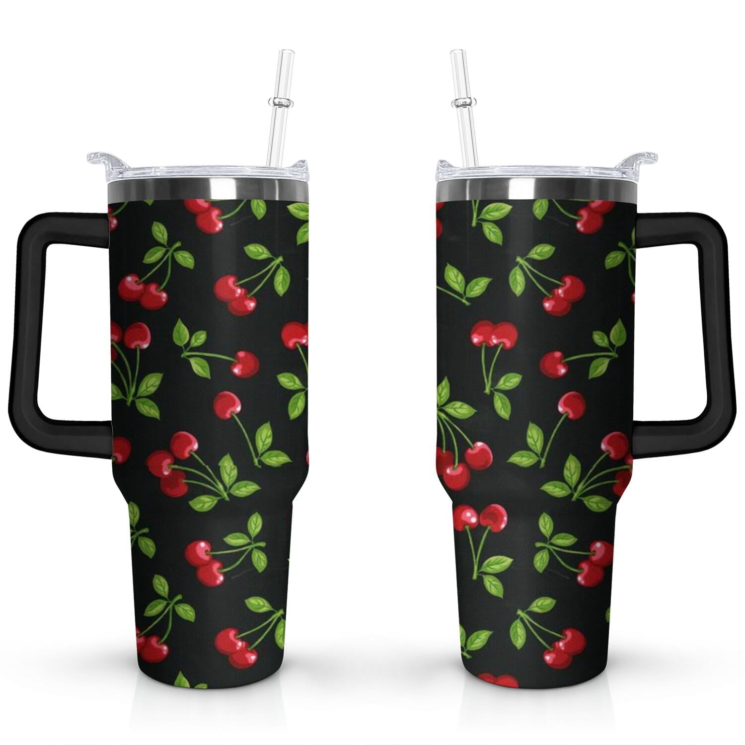 40oz Red Cherry Fruit Pattern Stainless Steel Flip Straw Tumbler Spill Proof Travel Cup Double Wall Vacuum Insulated Coffee Mug with Top Handle