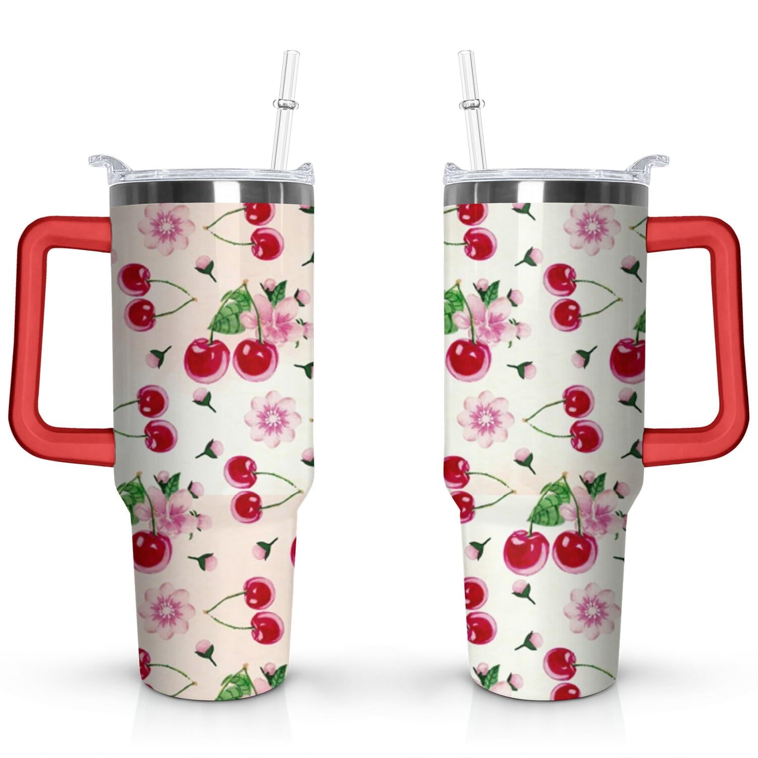 Herobuddy™ 40oz Red Cherry Fruit Pattern Stainless Steel Flip Straw Tumbler Spill - Reusable Stainless Steel Cup