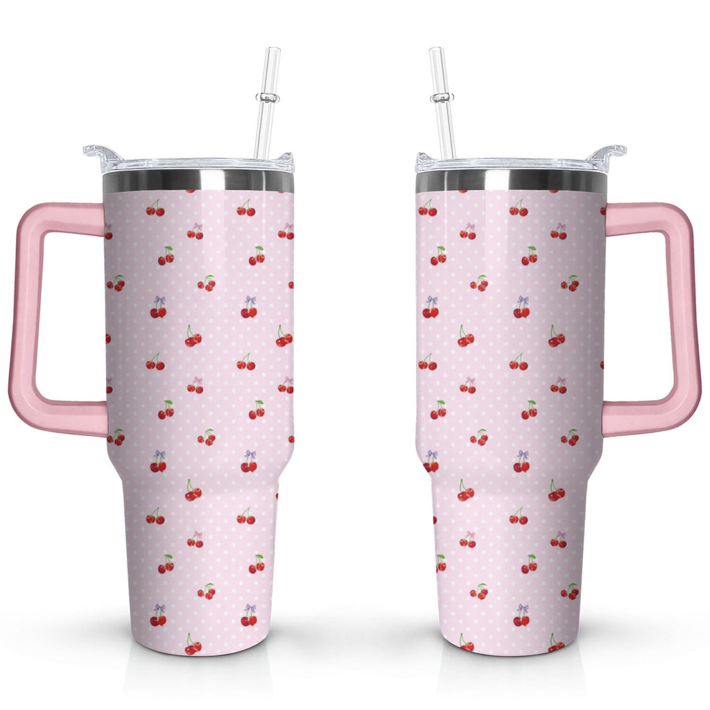 Herobuddy™ 40oz Red Cherry Fruit Pattern Stainless Steel Flip Straw Tumbler Spill - Reusable Stainless Steel Cup