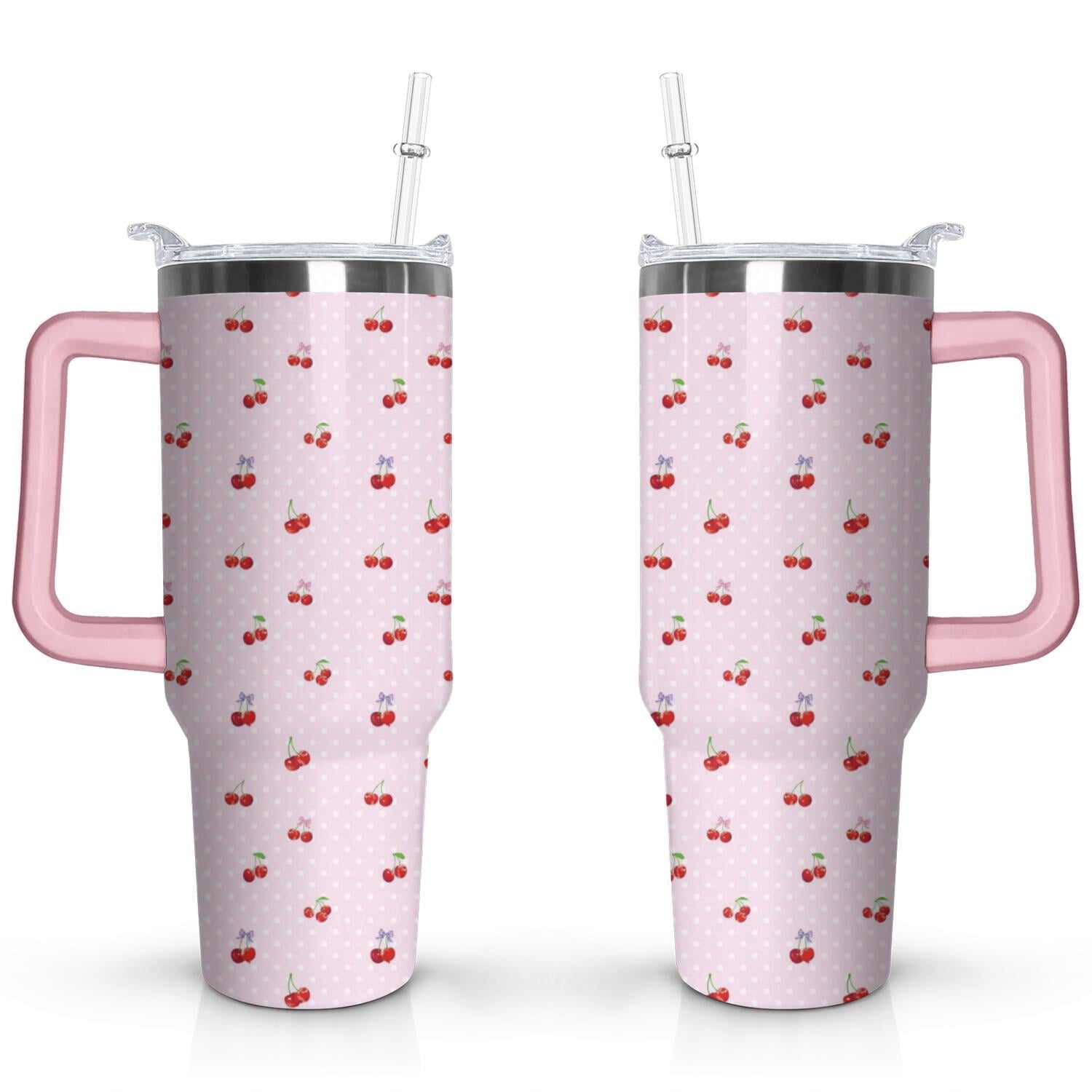 Herobuddy™ 40oz Red Cherry Fruit Pattern Stainless Steel Flip Straw Tumbler Spill - Reusable Stainless Steel Cup
